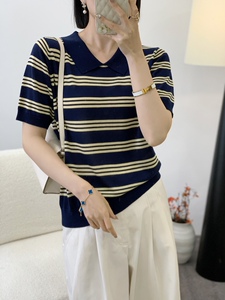 莱赛尔高级感条纹POLO领针织衫女夏季新款气质慵懒风短袖T恤上衣图片