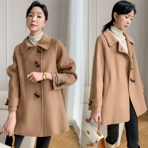 时尚女装手工缝制牛角扣羊绒大衣显瘦百搭休闲外套，女装双面呢大衣，丝露怡语