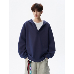 春秋季叠穿假两件卫衣重磅连帽V领拼接套头衫宽松大码外套WY006图片