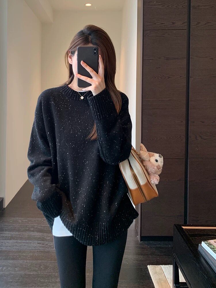 2025氛围感秋冬设计感满天星宽松针织衫百搭圆领毛衣，女装针织衫/毛衣，湘姗