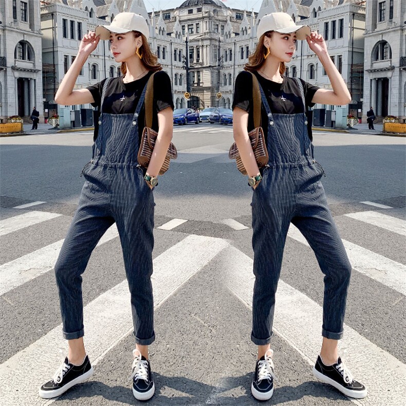 2021年夏季时尚简约个性潮流中长款牛仔背带裤，女装牛仔裤，秋水欣儿