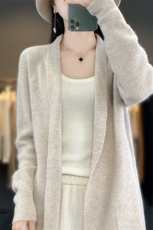 25秋冬100%纯羊毛开衫女披肩针织毛衣宽松带兜外套慵懒羊绒衫上衣，女装羊毛衫，绒汀羊绒