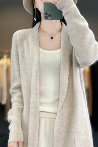 25秋冬100%纯羊毛开衫女披肩针织毛衣宽松带兜外套慵懒羊绒衫上衣图片