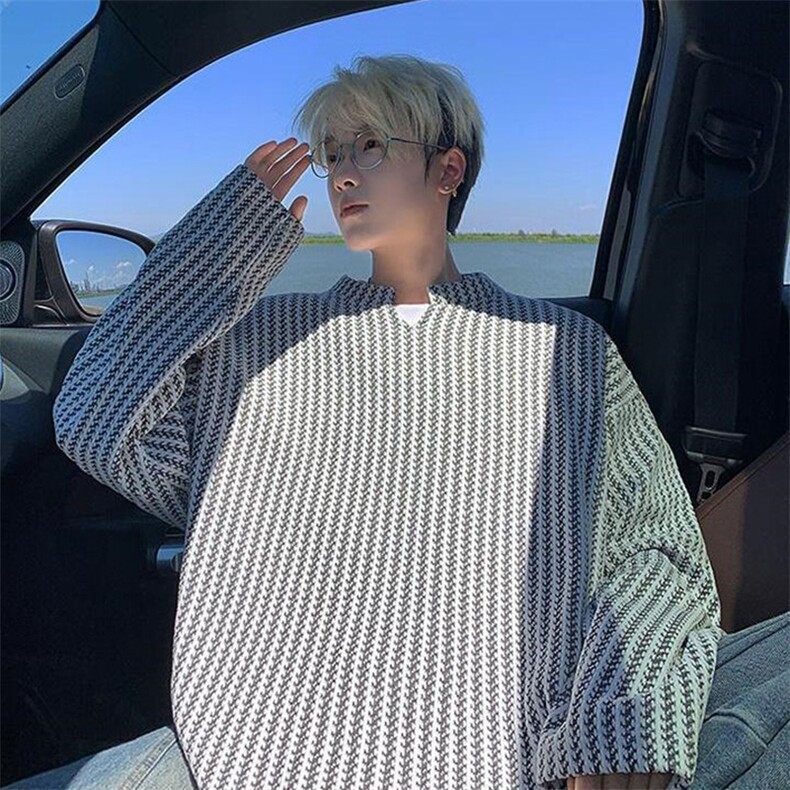 美式高街千鸟格子长袖T恤男女亨利V领英伦雅痞休闲宽松长袖打底衫，男装T恤，电商A486