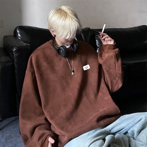抖音品质麂皮绒笑脸小标简约宽松圆领卫衣JK23341特批36控59图片