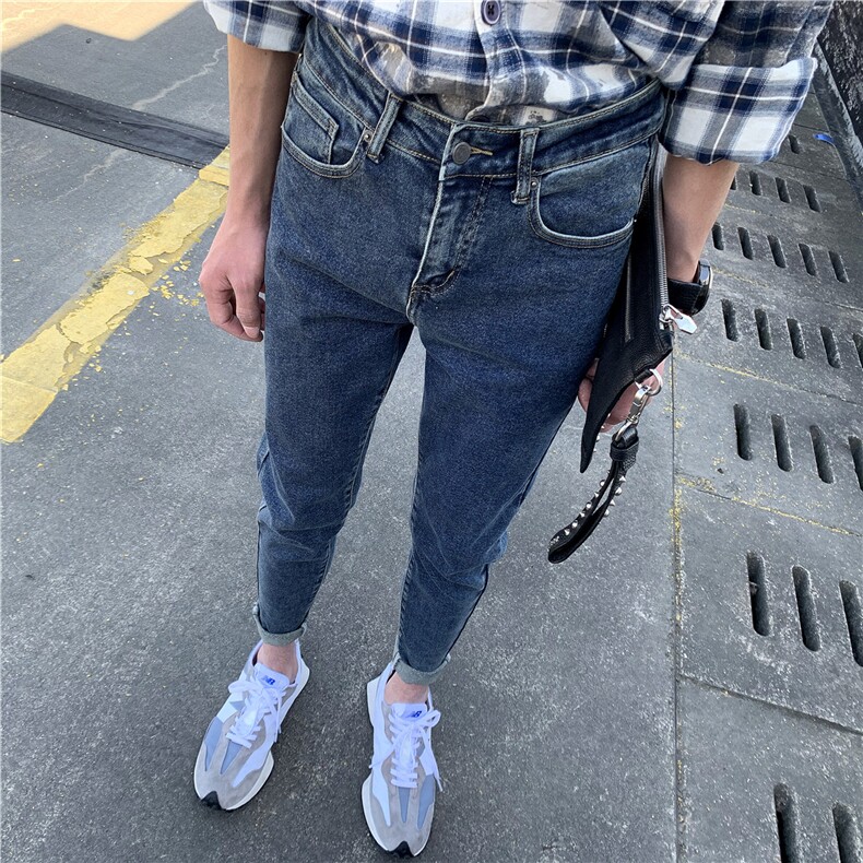 B230档-90067深蓝色修身小脚弹力铅笔裤男牛仔裤P85,男装牛仔裤,电商B230