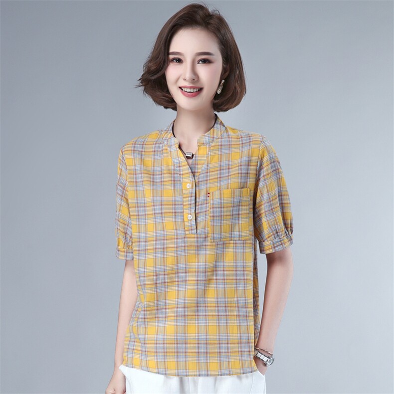 夏季格子衬衫女V领短袖2026年新款复古宽松显瘦衬衣薄款T恤衫上衣,女装衬衫,板酷