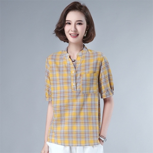 夏季格子衬衫女V领短袖2026年新款复古宽松显瘦衬衣薄款T恤衫上衣图片