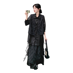 现货2D078-T1933-T175K258酷飒风设计感假两件衬衫+半裙2件套图片