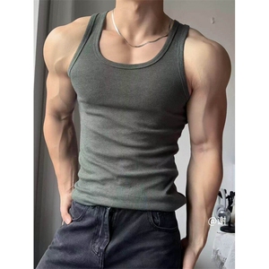 灰色重磅螺纹肌肉背心男款夏季健身运动跨栏无袖T恤健身显大汗衫图片