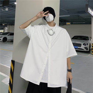 港风大码短袖纯色衬衫青年男生ins宽松情侣衫B299-X5275-P45限65图片