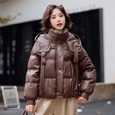 【冬季女装新款】时尚休闲白鸭绒PU皮羽绒服P285-K385，女装羽绒服，简古