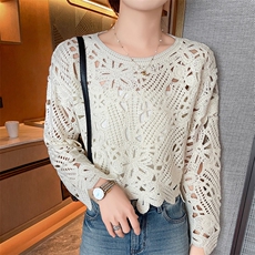 宽松慵懒风100%纯羊毛衫女士圆领刺绣钩花镂空毛衣短款羊绒衫上衣，女装羊毛衫，冀清阳荣