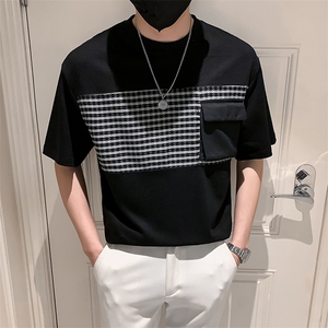 黑色2023精神小伙修身男士圆领拼接短袖T恤打底衫潮 T903-P58控78图片