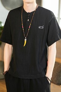 2021夏季新日系大码男棉小老鼠刺绣麻短袖亚麻风T恤T193-P30图片