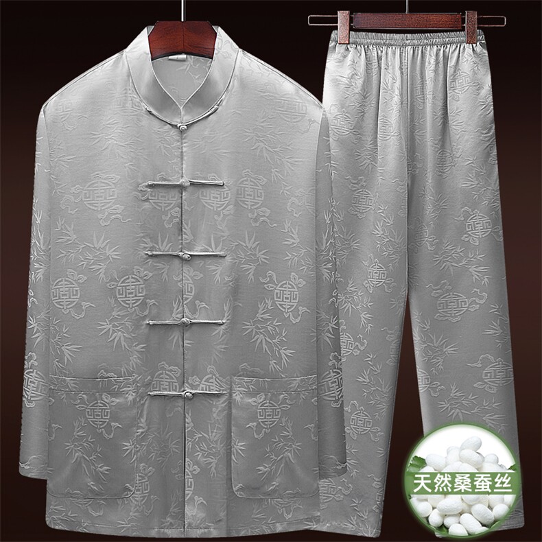 25新款夏款中老年风唐装真丝绸长袖套装太极服套装，男装休闲套装，钱塘723
