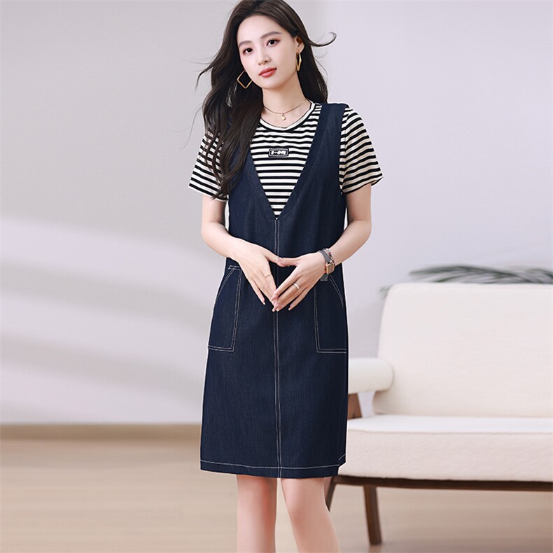 时尚显瘦条纹牛仔背带连衣裙夏季新款百搭减龄女装,女装连衣裙,梦芯尔