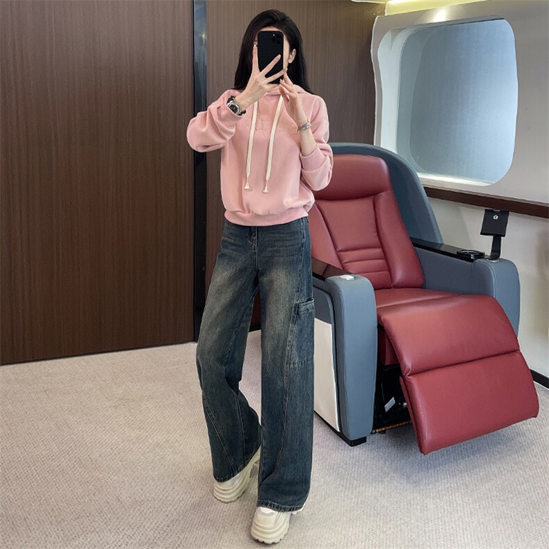 学院风洋气粉色上衣直筒牛仔裤两件套,女装套装/套裙,江南