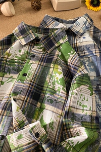 美式扎染条纹格子衬衫男女复古长袖衬衫上衣外套C2239-特价P28图片