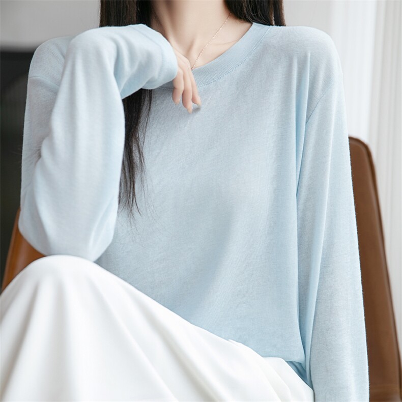 宽松慵懒风冰丝防晒T恤女2025夏长袖薄款大码小个子打底针织罩衫,女装防晒衣,思牵羊绒