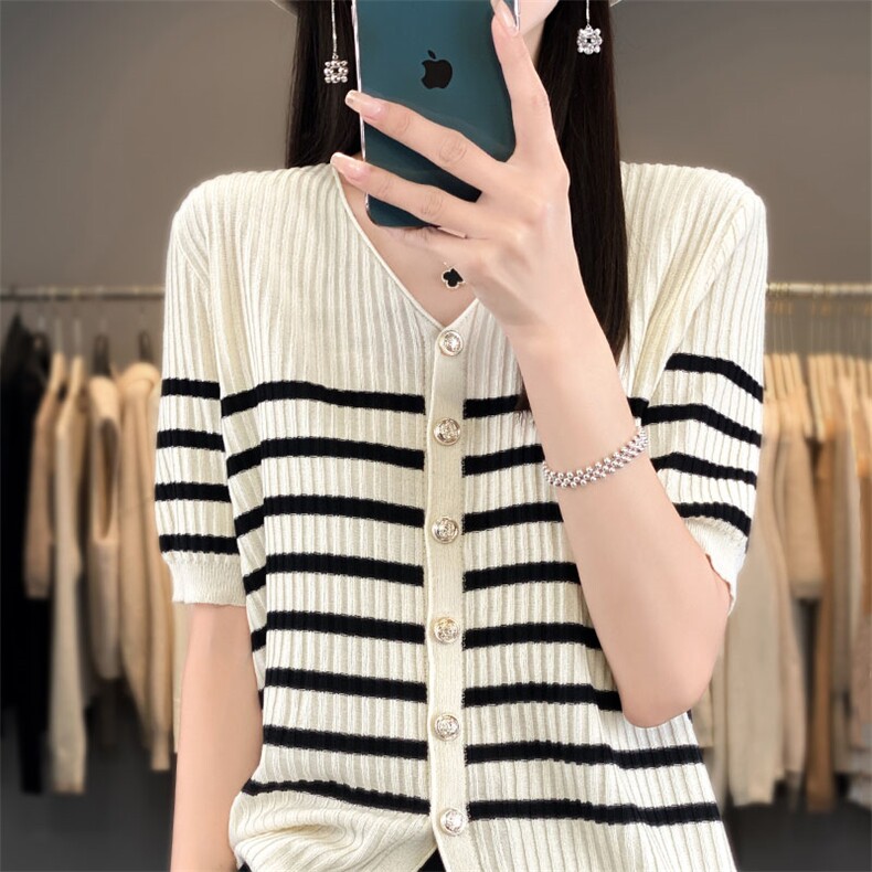 短袖t恤女2024新款条纹开衫大码女装夏季宽松薄款冰丝针织衫上衣,针织衫/毛衣,萱芳婷羊绒