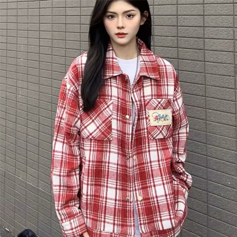 美式高街拼色设计感复古格子长袖衬衫秋季男女宽松潮流帅气外套男,男装衬衫,星座601-1