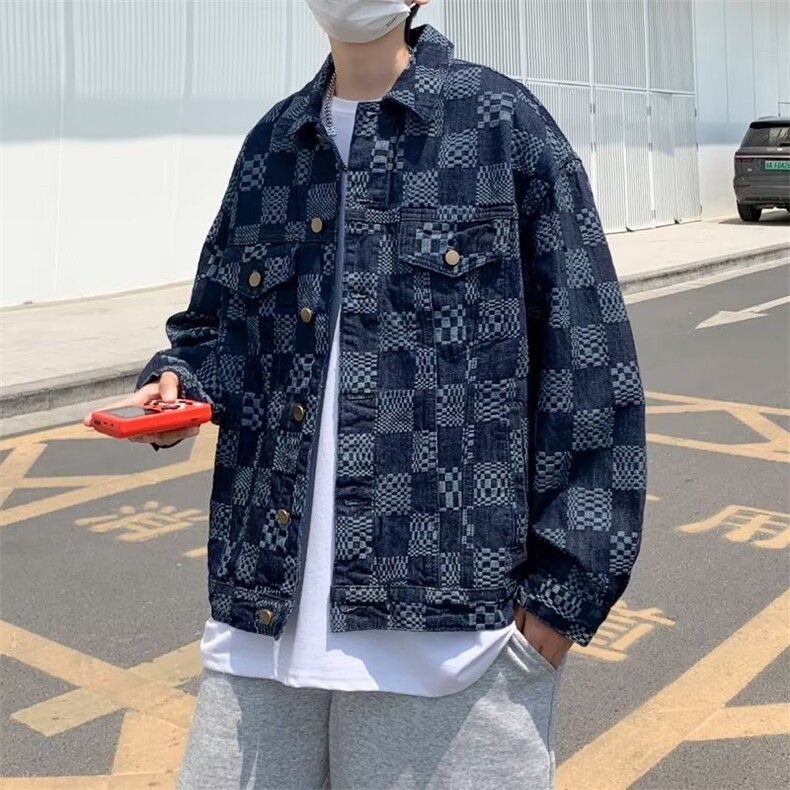 高级感个性提花牛仔外套男秋冬季情侣男女宽松棋盘格子B47P65图片