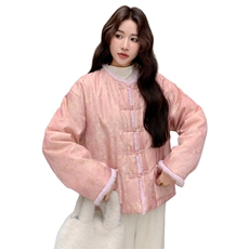 新品粉色水貂毛拼接新中式提花羽绒服H8353P295K428，女装羽绒服，红龙果