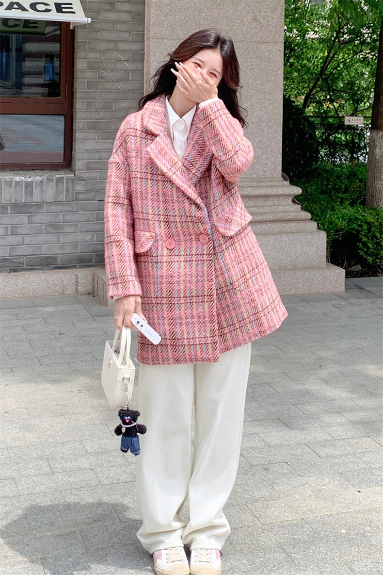 格子淑女宽松毛呢大衣时尚百搭显瘦外套,女装毛呢外套,天使之佳话