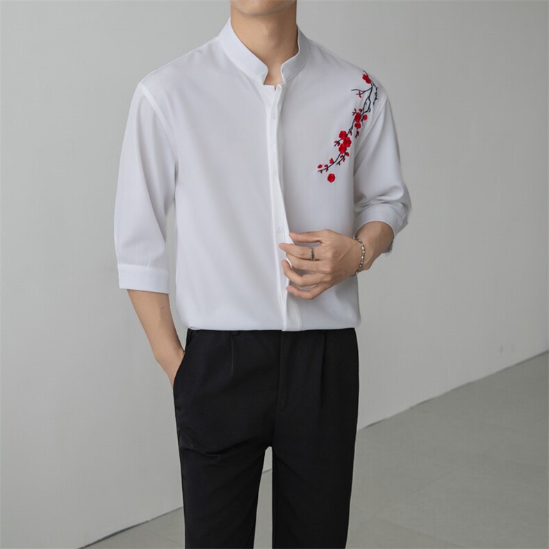 小伙立领纯色衬衫男休闲宽松风刺绣衬衣轻熟风A236-82571-P55,男装衬衫,电商A236