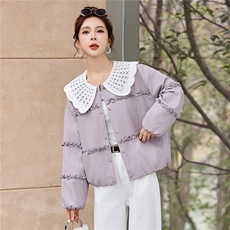 2026年春季新款时尚减龄韩系花边大翻领撞色百搭皮衣外套，女装短外套，奕薇雅