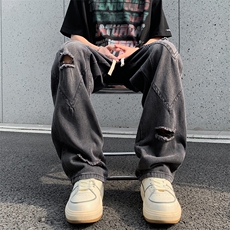 美式潮牌高街水洗做旧破洞牛仔裤夏季宽松复古休闲阔腿裤，男装牛仔裤，星座410-6（原星座1304-1）