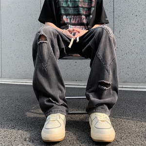 美式潮牌高街水洗做旧破洞牛仔裤夏季宽松复古休闲阔腿裤图片