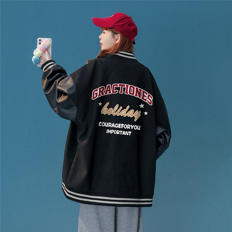 中性风22秋季新款潮牌字母pu皮翻领棒球服夹克外套G642P85控108,男装夹克,A247A