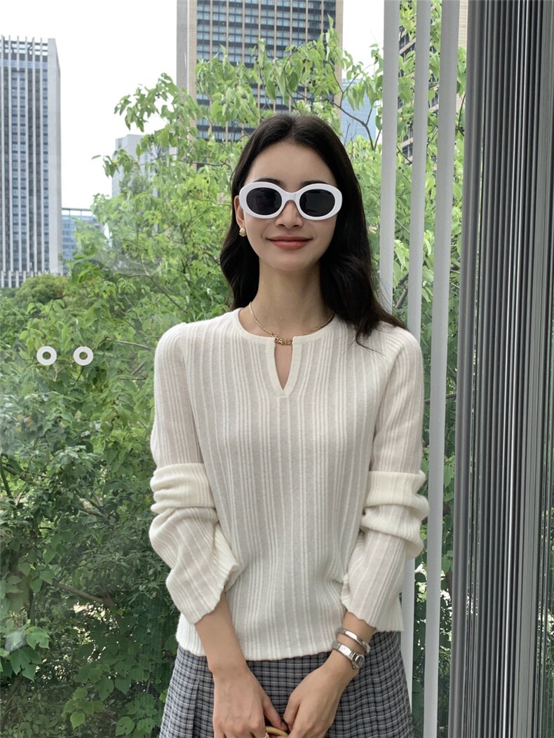 新款水滴领女纯色修身套头上衣针织衫,针织衫/毛衣,玛卡隆羊绒