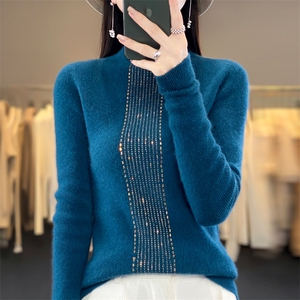 半高领女士秋季新款简约百搭羊毛衫一线成衣竖条烫钻图片