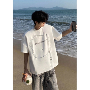 夏季美式垫肩t恤男短袖宽松设计感可调节半袖体恤WLT55766-P45图片