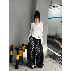 CP1243-P49美式复古叠穿格子绑带伞兵休闲裤男女宽松阔腿长裤，男装休闲裤，电商B323A
