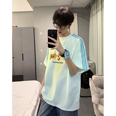抖音得物品质二开240克宽松纯棉美式潮牌印花三条杠中性风短袖T恤，男装T恤，电商A486