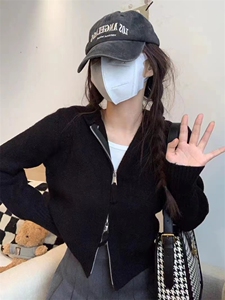 韩版宽松短款连帽针织拉链开衫女秋冬小个子帽衫外套羊毛外搭图片