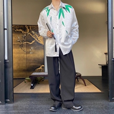 新中式锦缎竹叶印花翻领长袖男女衬衫复古风禅意衬衫188P80，男装衬衫，星座901-1（原C217）
