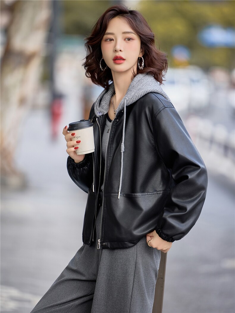 【冬季女装新款】可脱卸毛线帽加绒加厚皮棉P-145,女装皮衣,简古