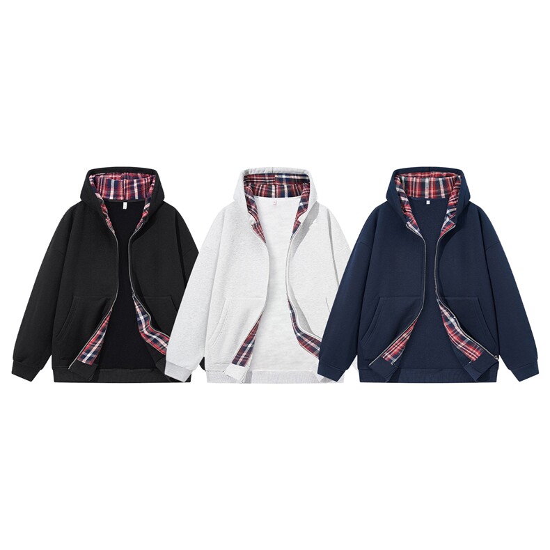 抖音得物品质二开25秋冬美式假两件格子连帽卫衣开衫外套CM35，男装卫衣，电商A486