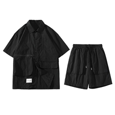 夏款中性风纯色翻领衬衫潮绣标短裤半袖套装男女8715-P80控价128，男装衬衫，电商A441-1