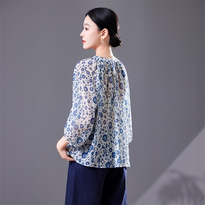 碎花中袖上衣女七分袖高端2025夏季宽松版减龄衬衫轻薄天丝防晒衣,女装衬衫,靓衣阁