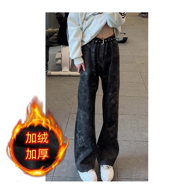 【】美式高街提花牛仔裤男女秋冬加绒直筒微喇裤S6031 P48图片