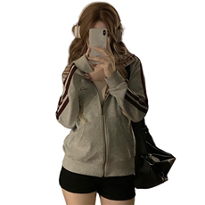 A407-P92美式复古开衫格子卫衣帽秋季薄款显瘦运动正肩外套，女装短外套，星座911