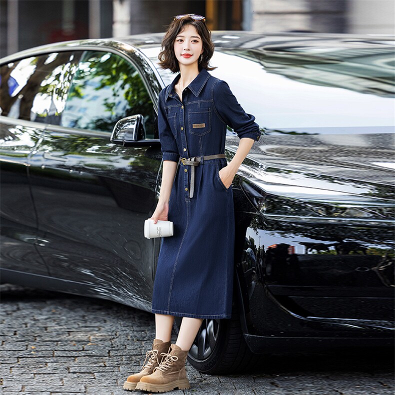 欧货时尚牛仔连衣裙女2024春秋新款高端独特炸街洋气减龄衬衫长裙,女装连衣裙,E百度