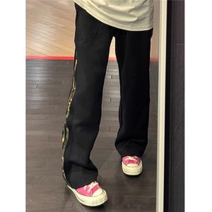 迷彩条纹白花灰裤子男女美式复古重磅潮牌卫裤直筒情侣休闲运动裤图片