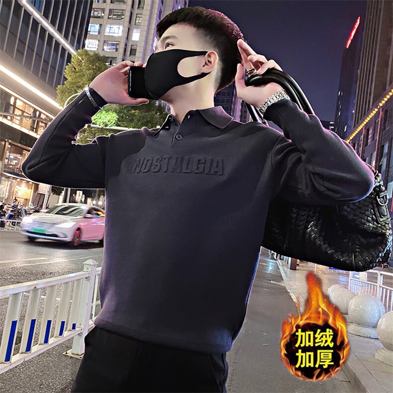 Y23加绒/P98控138冬季小众韩版纯色压花字母打底套头毛衣男灰首1图片